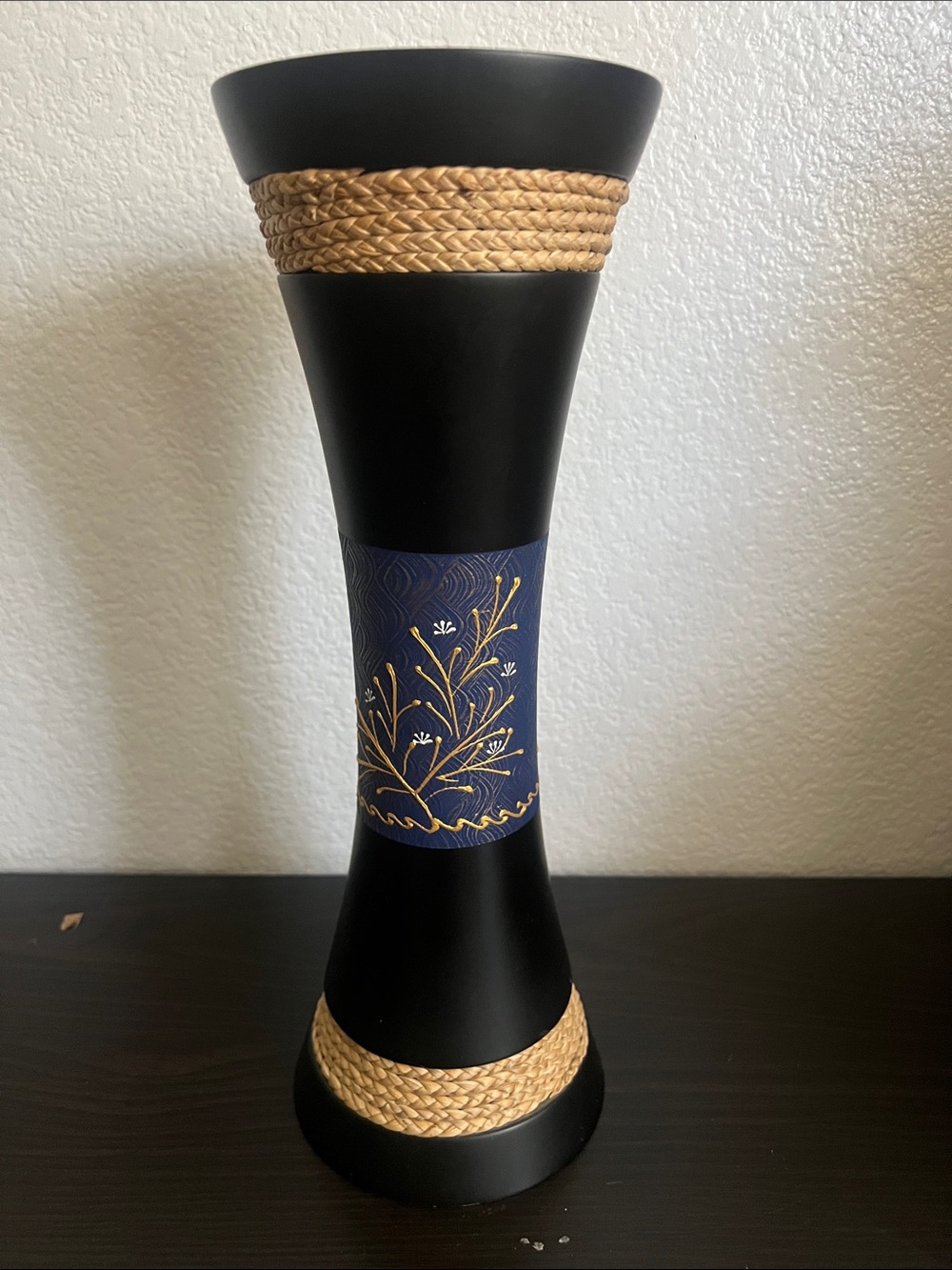Decorative Black and Navy Hourglass Vase with Gold Detailing